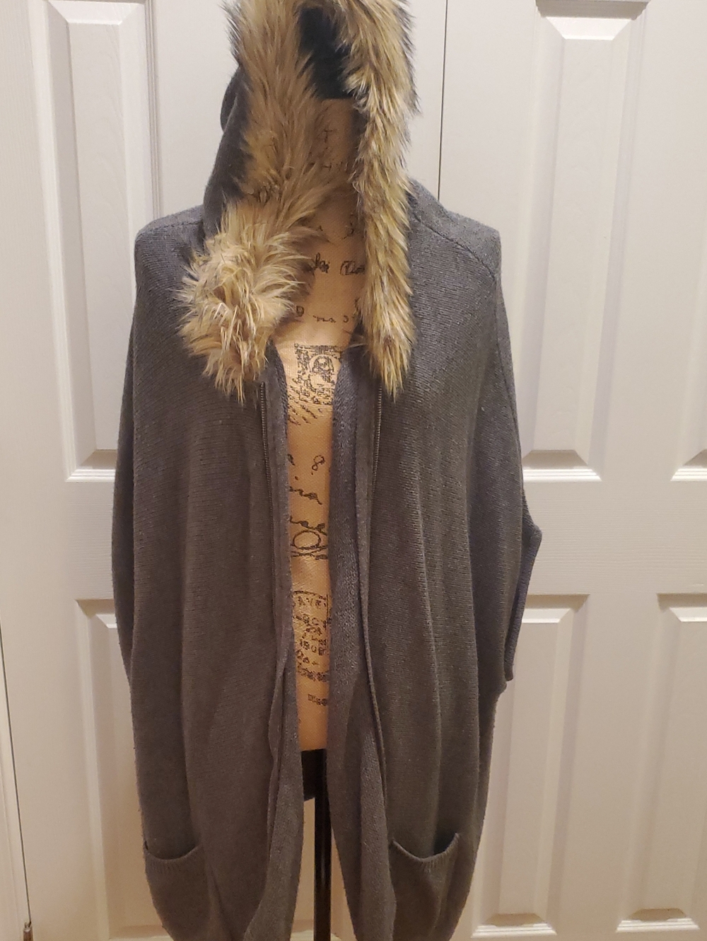 Saks Fifth Avenue Gray Hooded Knit Poncho with Faux Fur Trim